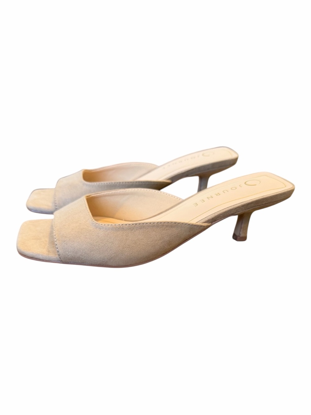 Journee Collection Taupe Suede Open-Toe Kitten Heel Mules